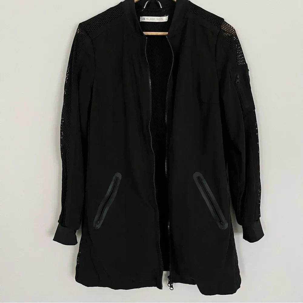 Blank Noir Mesh Panel Long Nylon Bomber Style Jacket in Black, Size S